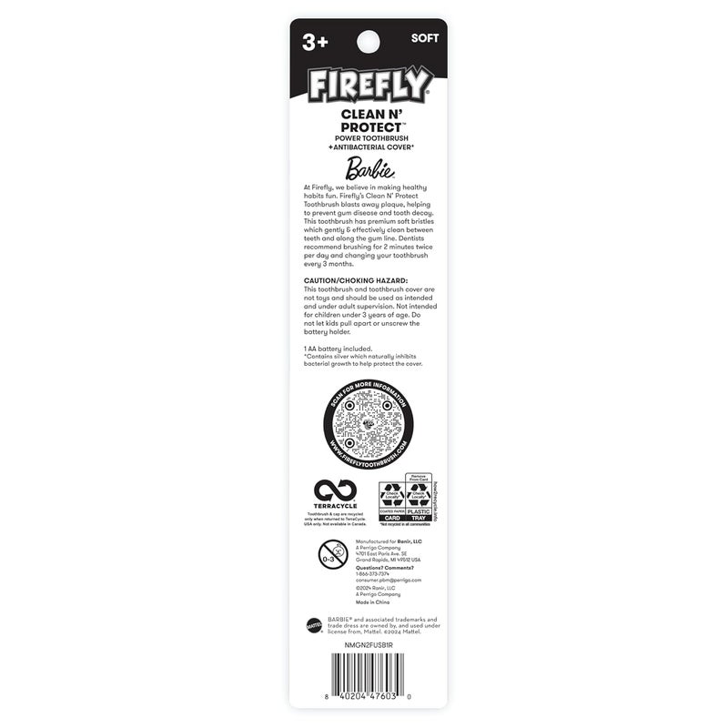 Firefly Clean N' Protect Barbie Toothbrush with Antibacterial Cover, Soft Bristles, Battery Included, Ages 3+, 1 Count - Image 2